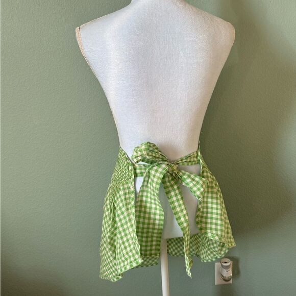 Vintage Green White Checkered Half Apron Ric Rac with Pocket - Picture 2 of 8